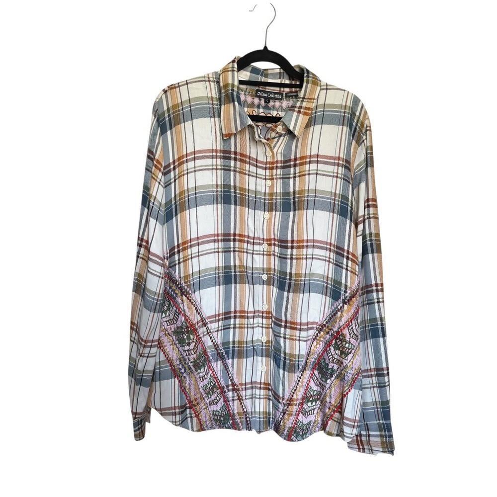 Tolani Collection Plaid Embroidered Button Down Shirt Womens L Rayon Boho Top